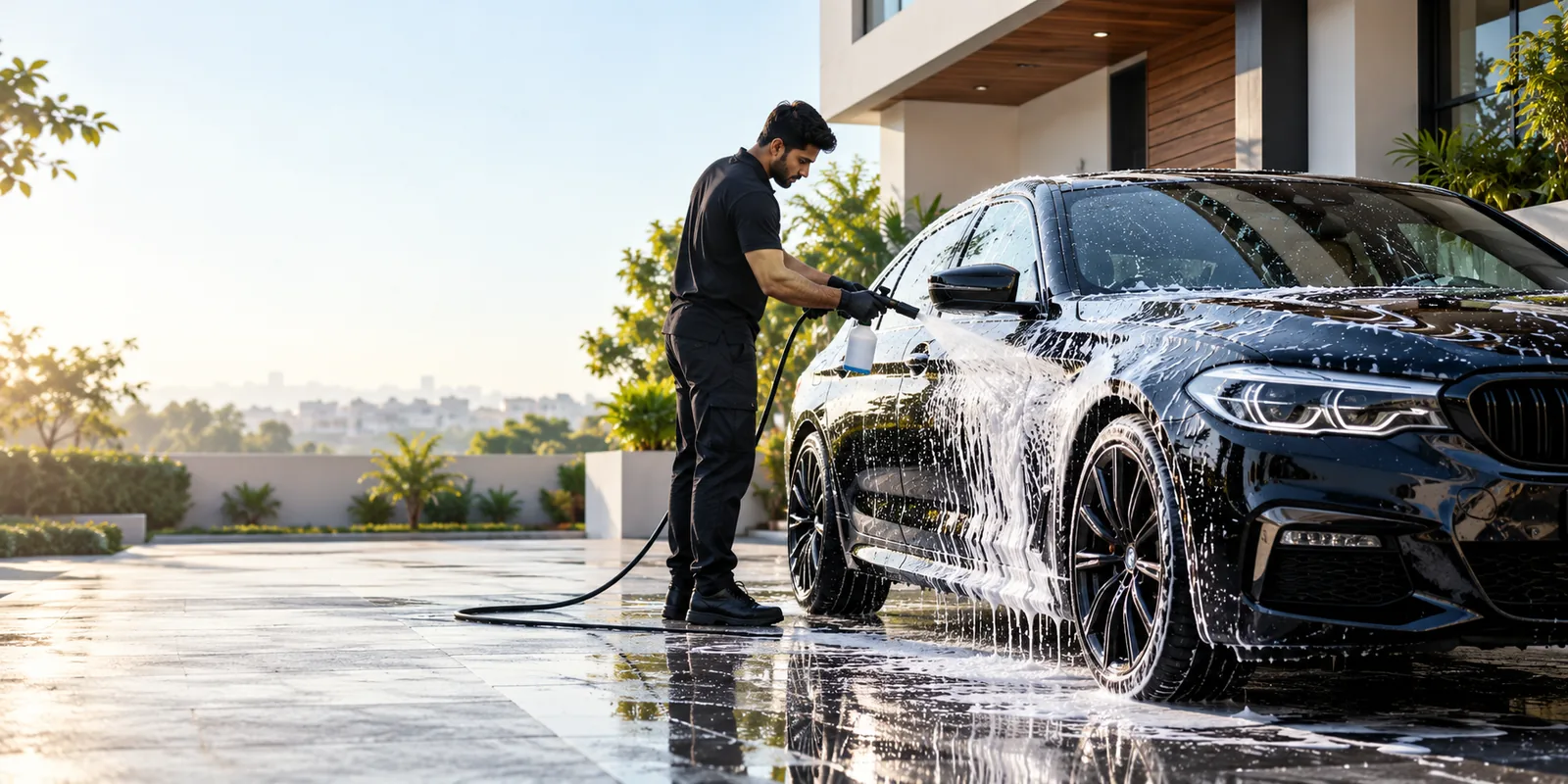 GTS professional washing a premium car at the customer's doorstep